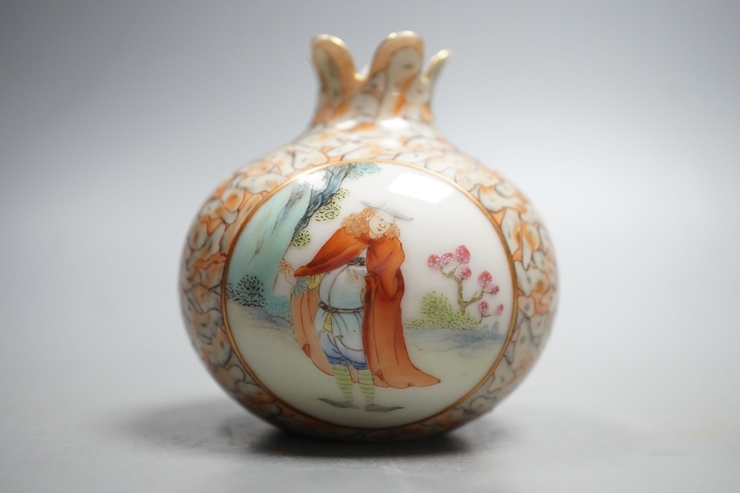 A Chinese enamelled porcelain fencai pomegranate shaped vase, 8 cm high